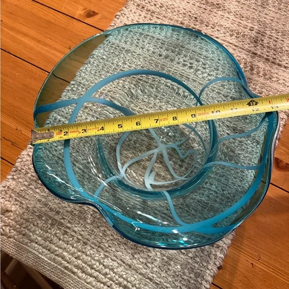Handblown Aqua Blue Sombrero Freeform Abstract Art Glass Decorative Bowl